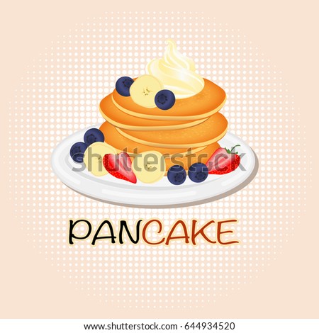 pancake with cream strawberry blueberry and banana split.sweet classic breakfast.vector illustration.