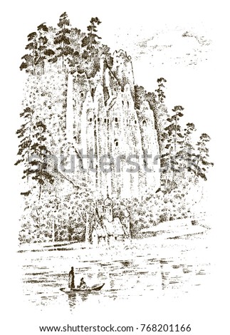 Rural Church On The Mountain Or Cliff Rustic Monastery Engraved Hand Drawn In Old Rural Church On The Mountain Or Cliff Rustic Monastery Engraved Hand Drawn In Old