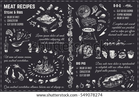 Doodles Sketches meat, steak, barbecue, pig, ribs. chalk on blackboard. Isolated vector illustration 4 design menu of restaurants - cafes & books cooking recipes