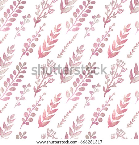 Seamless pattern with pearl pink branches and leaves on white background
