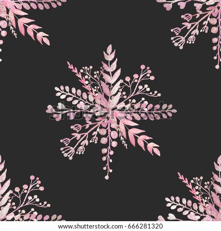 Seamless pattern with pearl pink branches and leaves on black background