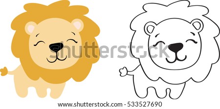 drawing of a cartoon cute toy lion in color and line art