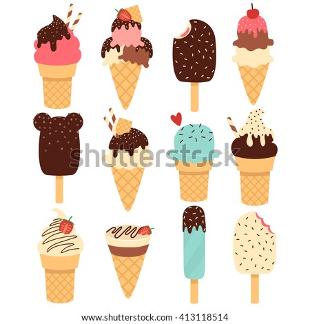 big set of cute simple ice creams on white background. set of different ice cream with toppings. can be used like stickers or for greeting cards