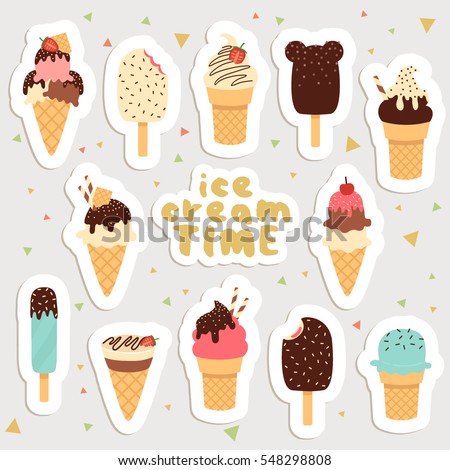 big set of cute cartoon ice creams stickers. cute stickers, patches or pins collection. ice cream time stickers set
