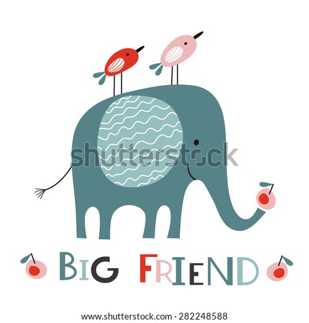 Big friend. Elephant and two little birds. Vector illustration on white background. Cartoon set
