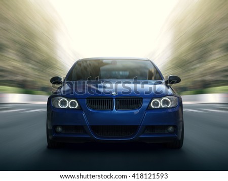 Moscow, Russia - May 10, 2015: Blue car BMW 5 series E90/E91 Fast speed drive on city road