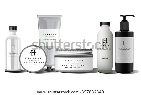 Realistic bottle for essential oil and tube or container for cream, ointment, toothpaste, lotion. Soap pump. Mock up set. Cosmetic vial, flask, dropper-bottle, shampoo, oil, gel. Label, sticker