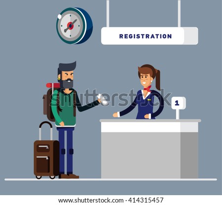 Man with big suitcase and travel backpack checking in at the airport with pretty airlines clerk. Registration and check tickets. Traveller. Flat style illustration or icon.