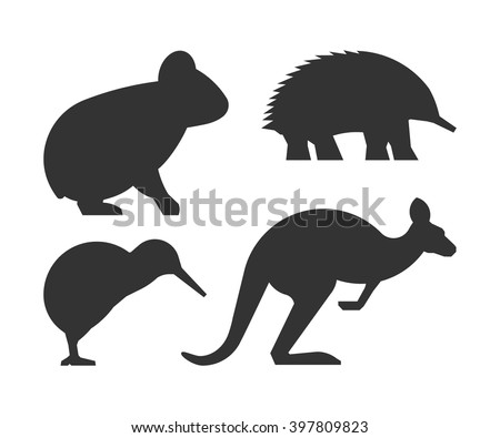 Vector set of silhouettes australian animals. Black icon koalas, kangaroos, echidnas and kiwi.