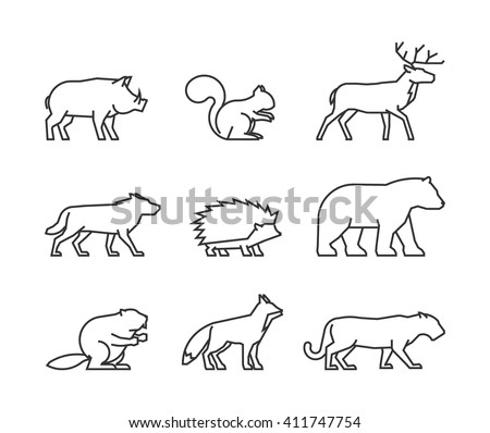 Vector line icon forest animals on white background.