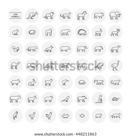 Line set silhouettes of domestic, farm, forest and wild animals. Linear icon chicken, cow, hedgehog, cat, dog and others. Open path.