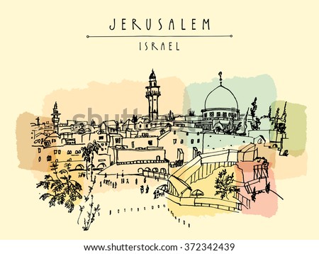 Jerusalem Israel City Skyline Wailing Wall Stock Vector