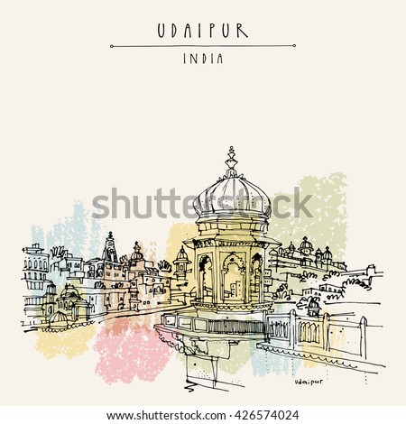 View of Udaipur, Rajasthan, India. Hindu temple, ghat. Hand drawn cityscape sketch. Travel art. Vintage artistic postcard template. Vector illustration