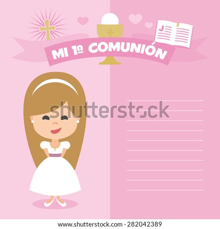 first communion invitation template blonde girl stock vector