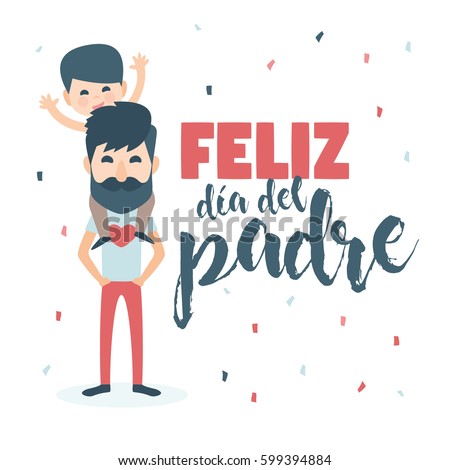 Happy Fathers day card. Vector Element Set Isolated. Dad with Beard and son. Written in Spanish