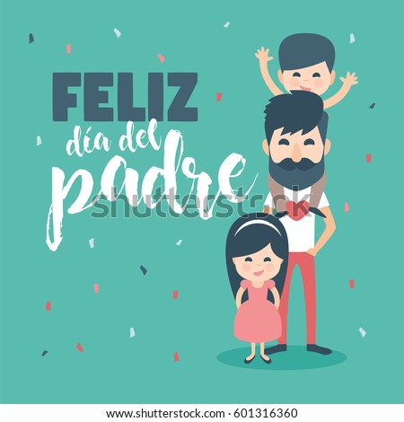 Greeting card. Dad with Beard and children. Happy Father´s day written in Spanish