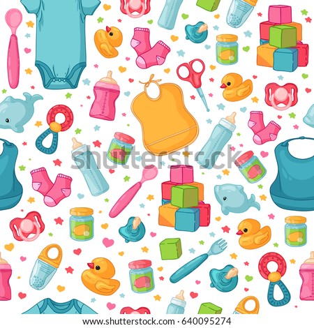 Design seamless pattern with childhood's items .Ã?ackground with newborn staff for decorating flyers. Backdrop for card, invitation for babies shower with infant clothes, toys, accessories . Vector