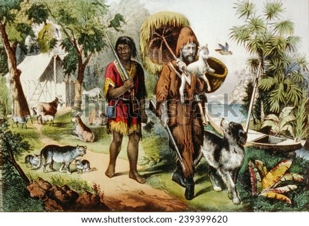 Daniel Defoe's classic characters, Robinson Crusoe, and his companion Friday, with their animals on an isolated island. 1875 Currier and Ives print.