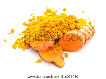 Turmeric powder and turmeric isolated on white background.