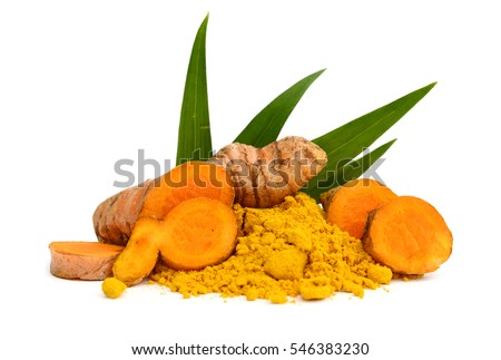Turmeric powder and turmeric isolated on white background.