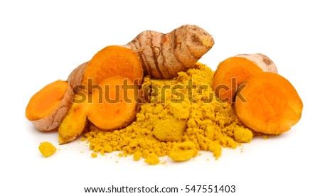Turmeric powder and turmeric isolated on white background.