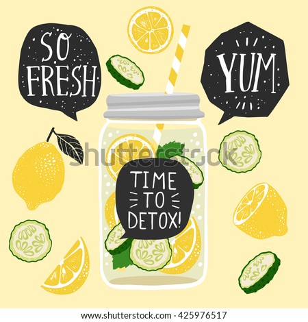 Hand drawn illustration with detox water in jar with lemon and cucumber slices, speech bubbles with handwritten lettering.