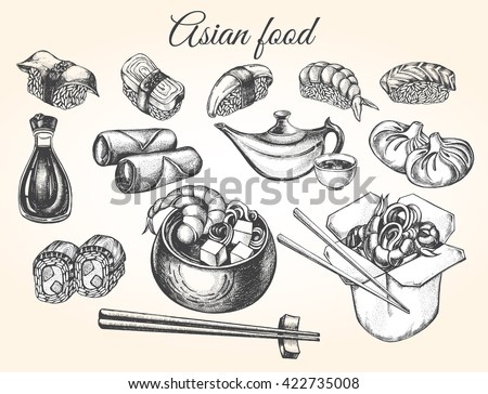 Hand drawn set of Asian food. Sushi, soy sauce, miso soup, spring rolls, Chinese dumplings, noodles wok, tea, chopsticks. Vector illustration.