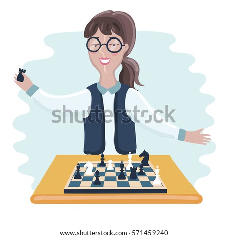 Vector illustration of funny cartoon smiling young clever woman with glasses playing chess