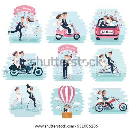 motorcycle vector wedding Vector Funny Cartoon Cute Set Vector Illustration Stock