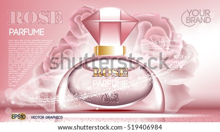 Perfume bottle Cosmetic ads template, droplet bottle mock up isolated on dazzling roses background. Place for brand text. Glamorous fragrance sparkling effects. Vector illustration