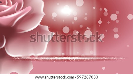Rose flowers sparkling background. Ads template, droplet mock up isolated on dazzling roses backdrop. Place for brand text. Glamorous fragrance effects. Vector illustration