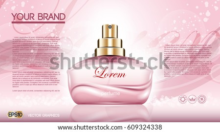 Perfume bottle Cosmetic ads template, droplet bottle mock up isolated on dazzling roses background. Place for brand text. Glamorous shinny fragrance sparkling effects. Vector illustration