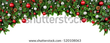 Wide arch shaped Christmas border isolated on white, composed of fresh fir branches and ornaments in red and silver