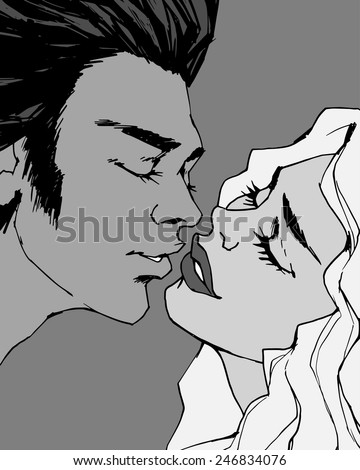 Pop art comic illustration in black and white with comic kiss kissing couple Pop art comic illustration in black and white with comic kiss kissing couple