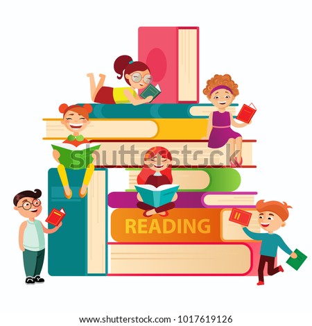 Kids Reading On Big Stack Books Stock Vector 1017619126 - Shutterstock