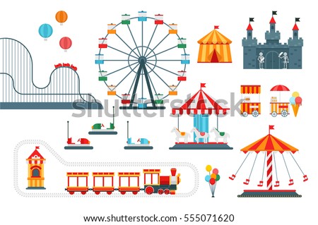 Amusement park vector flat elements isolated on white background for infographic map design. Architecture entertainment elements for family rest in the park. Colorful Ferris wheel, carousel, circus