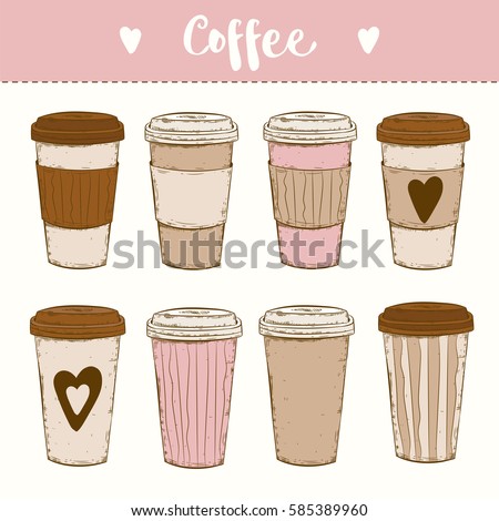 Paper Cups Of Coffee To Go Cappuccino Take Away Vector Set Paper Cups Of Coffee To Go Cappuccino Take Away Vector Set