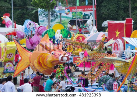 Tuyen Quang, Vietnam September 10, 2016: The giant lanterns homemade associated with the symbol of the fairy tales and legends of the Mid-Autumn Festival (full moon night in August) in Vietnam