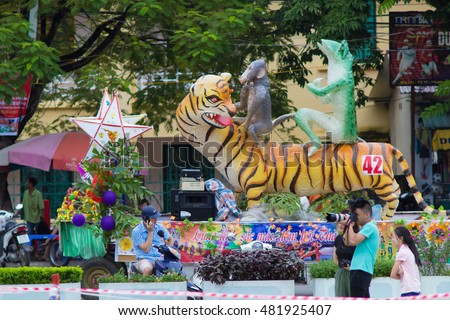 Tuyen Quang, Vietnam September 10, 2016: The giant lanterns homemade associated with the symbol of the fairy tales and legends of the Mid-Autumn Festival (full moon night in August) in Vietnam