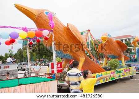 Tuyen Quang, Vietnam September 10, 2016: The giant lanterns homemade associated with the symbol of the fairy tales and legends of the Mid-Autumn Festival (full moon night in August) in Vietnam