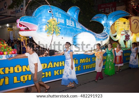 Tuyen Quang, Vietnam September 10, 2016: The giant lanterns homemade associated with the symbol of the fairy tales and legends of the Mid-Autumn Festival (full moon night in August) in Vietnam