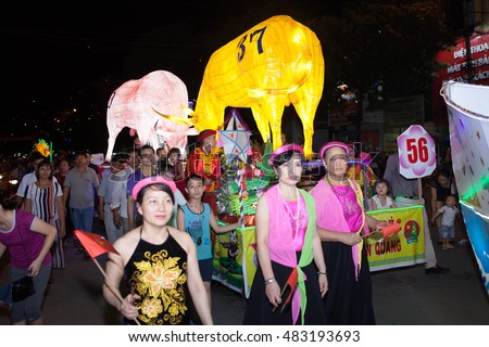 Tuyen Quang, Vietnam September 10, 2016: The giant lanterns homemade associated with the symbol of the fairy tales and legends of the Mid-Autumn Festival (full moon night in August) in Vietnam