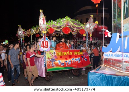 Tuyen Quang, Vietnam September 10, 2016: The giant lanterns homemade associated with the symbol of the fairy tales and legends of the Mid-Autumn Festival (full moon night in August) in Vietnam