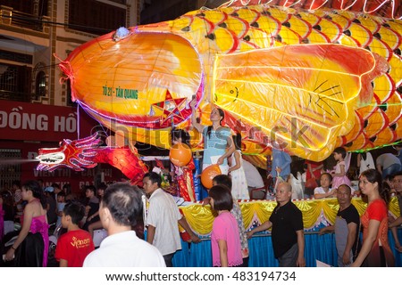 Tuyen Quang, Vietnam September 10, 2016: The giant lanterns homemade associated with the symbol of the fairy tales and legends of the Mid-Autumn Festival (full moon night in August) in Vietnam