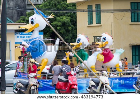 Tuyen Quang, Vietnam September 10, 2016: The giant lanterns homemade associated with the symbol of the fairy tales and legends of the Mid-Autumn Festival (full moon night in August) in Vietnam