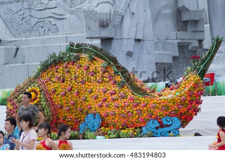 Tuyen Quang, Vietnam September 10, 2016: The giant lanterns homemade associated with the symbol of the fairy tales and legends of the Mid-Autumn Festival (full moon night in August) in Vietnam