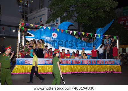 Tuyen Quang, Vietnam September 10, 2016: The giant lanterns homemade associated with the symbol of the fairy tales and legends of the Mid-Autumn Festival (full moon night in August) in Vietnam