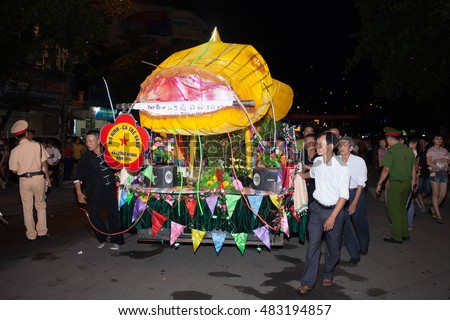 Tuyen Quang, Vietnam September 10, 2016: The giant lanterns homemade associated with the symbol of the fairy tales and legends of the Mid-Autumn Festival (full moon night in August) in Vietnam
