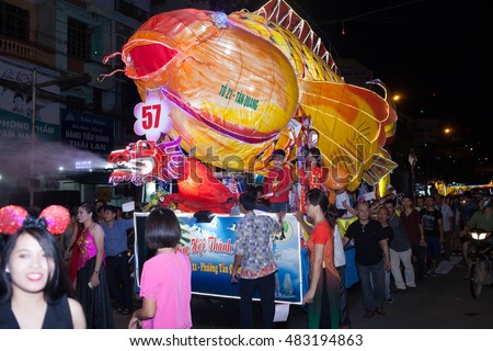 Tuyen Quang, Vietnam September 10, 2016: The giant lanterns homemade associated with the symbol of the fairy tales and legends of the Mid-Autumn Festival (full moon night in August) in Vietnam
