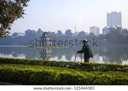 Hanoi, Vietnam -November 20, 2016 Hoan Kiem Lake, the little lake in the old part of Hanoi, Vietnam, with the Turtle Tower. Turtle Tower is the symbol of Hanoi,Vietnam